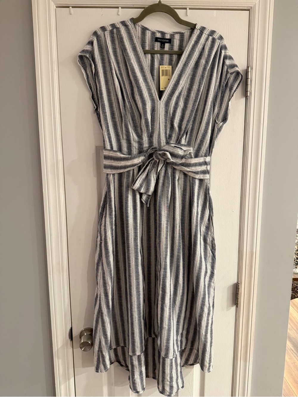 Max Edition 100% Cotton Black & White Striped Belted Midi Dress Size M